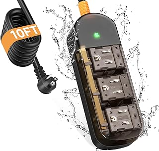 Outdoor Power Strip Weatherproof 10 FT Extension Cord Waterproof Surge Protector Power Strip, 3 AC Outlets, 1625W Overload Protection, for Camping, Home, Office, Garden, FCC UL Listed