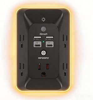 Outlet Extender with Night Light, Multi Plug Outlet Splitter, USB Wall Charger Surge Protector with 4 USB Ports (2 USB C), 5 Widely Spaced AC Outlets, Expander for Home Dorm Room, Black, ETL Listed