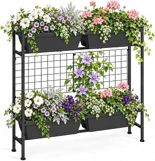 OYEAL Raised Garden Beds Outdoor with Legs 32" Tall Herb Garden Planters Box Raised Flower Beds for Gardening, Vertical Privacy Planter with Trellis for Patio, Porch, Backyard, Balcony, Grey