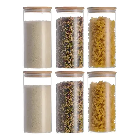 Pack X6 Frascos Vidrio Hermetico Cocina Tapa Bamb&uacute; 1000ml Ideal Conservacion Cafe Granos Legumbres Almendra Despensa Organizacion Levys Bazar Color Transparente