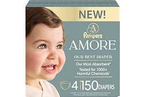 Pampers Amore, Size 4 (15-34 lbs), 150 Count, Our Best Diaper &ndash; Hypoallergenic & Fragrance Free, Up to 100% Leakproof, Soft as Cashmere