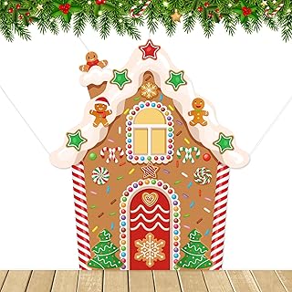 Panelee Extra Large Christmas Banner Decorations 7.5x6.5 ft Polyester Gingerbread House Backdrop Xmas Party Background for Xmas Holiday Garage Door Yard Photo Booth Indoor Outdoor Decor(Cute)