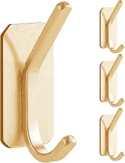 Paoli Heavy Duty Adhesive Wall Hooks, 30 lb Max Load Waterproof Hooks for Bathroom Towels Coats Bags, No Drill Damage-Free for Renters Apartment Dorm, Matte Gold, 4 Pack