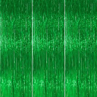 PartyWoo Green Tinsel Foil Fringe Streamers 8.2FT Backdrop 3pcs Streamer | Green Tinsel Streamers Curtains 8.2 FT Curtains Photo Backdrop for Graduation Birthday Dinosaur Jungle Golf Party Decorations