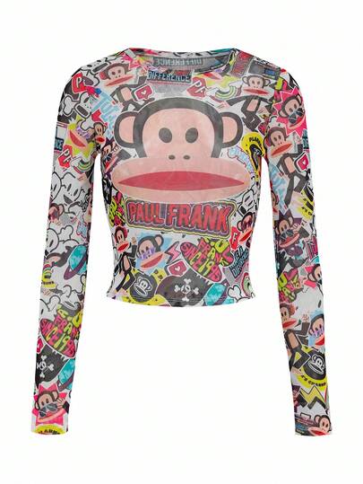 Paul Frank X SHEIN Women's Cartoon Pattern Tight Fit Crew Neck Long Sleeve Top