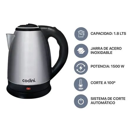 Pava El&eacute;ctrica Hervidora Acero Inoxidable 1.8 Lts Codini - P18HAN