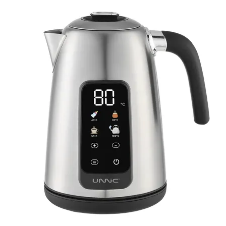 Pava Electrica Unnic Pantalla Digital Tactil Acero Inoxidable Con Funcion De Temperatura Prestablecidas Pico Vertedor Con Filtro 1.7 Lts Ideal Para Mate Cafe Te Leche Base Giratoria Color Plateado