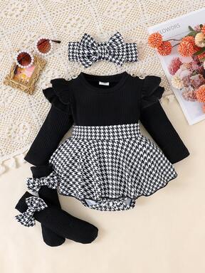 pc Baby Girl Cute Long Sleeve Patchwork Ribbed Dress With Leg Warmers And Headband, Spring/Autumn Thin $0.4 Flash Sale