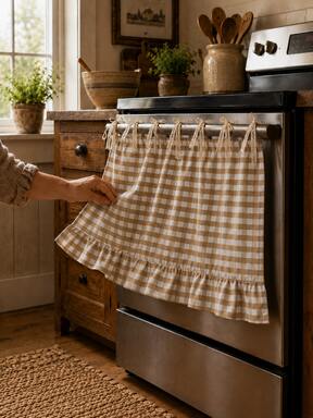 pc Khaki & White Plaid Oven Curtain, 00% Polyester Yarn Dyed Fabric With Lace Tie Top And Ruffle Hem, Short Kitchen Tier Curtain, Oil-Resistant Decorative Cover, Suitable For Stove, Oven, Open Cabinet And Small Window, Farmhouse Home Decor (Rod Not Includ