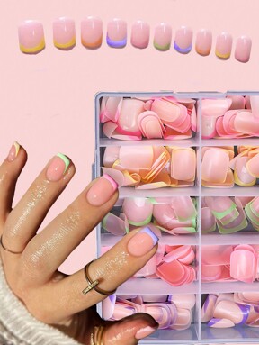 pcs Colorful Nail Stickers, Pink, Green, Purple Mixed Colors, Short Round Shape, Press-On Nail Stickers, Nail Art Supplies Press On Nails $2.74 Flash Sale