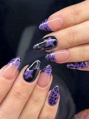pcs Medium Almond Press-On Nails, Black Glitter Purple Star, Leopard Print, Purple French Tip Fake Nails, Glossy Reusable Women's Halloween Manicure, Shiny Black Base With Glitter Purple Pentagram, Purple Leopard Print And Fine Glitter Purple French Tip, 