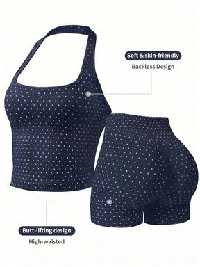 pcs Set Polka Dot Seamless Halter Neck Cropped Tank Top + High Waist Bodycon Cycling Shorts, Women's Elastic Fitness Yoga Gym Workout Sports Summer $13.17 Flash Sale