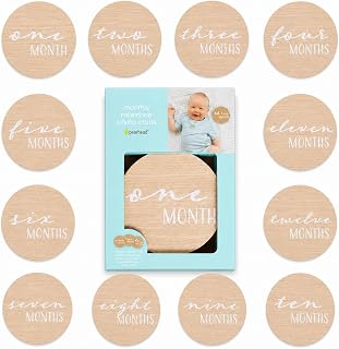 Pearhead Monthly Milestone Photo Cards, Wooden Baby Milestone Markers 1&ndash;12 Months, Double Sided Pregnancy and Baby Photo Props, Neutral Nursery Keepsake Gift for New Moms
