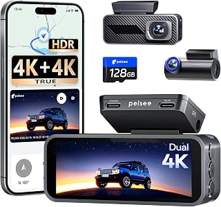 Pelsee S1 Pro Native 4K + 4K Dash Cam Front and Rear, 128GB Card Included | 8MP Dual HDR Dash Camera for Cars, 5.8GHz WiFi 30MB/s Download, GPS, Voice Control, Full Color Night Vision, 24H Parking Mode