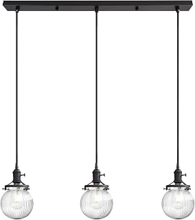 Phansthy Kitchen Island Lighting, 3 Lights Linear Chandeliers, Hanging Light with 5.9" Globe Striped Glass Shade, 3-Light Pendant Light Fixtures for Dining Room Farmhouse (Black, Long Base)