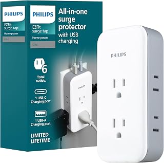 Philips All-in-One Surge Tap with USB, 2 Grounded & 4 Polarized Outlets, 1 USB-C & 1 USB-A Port (15W Shared), 490 Joules, ETL Certified, White/Gray, SPP3503GW/37