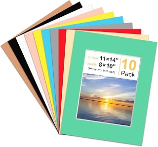 Phinus 10 Pack Picture Mats for Frames, Acid Free 11x14 Matted to 8x10, Picture Frame Mats for Pictures, Watercolor, Artwork and Prints (Colorful)
