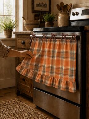 Piece Fall Plaid Oven Door Curtain, Vintage Farmhouse Style, Warm Orange‑Brown Tone Polyester Checkered Fabric With Bow Tie Top & Ruffled Hem, Short Decorative Oven Cover For Kitchen Stove Door, Rustic Autumn Home Kitchen Counter Decor $6.44 Flash Sale