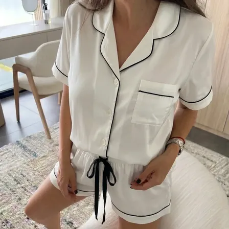Pijama Mujer Saten Short Y Camisa Corta Suave | Ganga Home Classic Blanco L