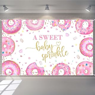 Pink Donut Baby Shower Banner Pink and Gold Baby Sprinkle Confetti Party Decorations Girls Sweet Donuts Baby Shower Backdrop Photo Booth Props (6x3.6ft)