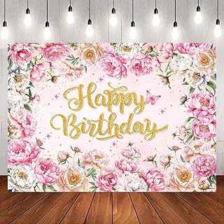Pink Floral Birthday Backdrop for Women Pink Flower Glitters Birthday Background Girl Baby Party Decoration Banner Photo Supplies (Pink, 82x59inch(7x5FT))