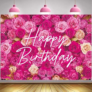 Pink Flower Happy Birthday Backdrop 8x6FT Flower Wall Birthday Decorations for Women Pink Rose Florals Photography Background Girls Bday Party Decor Photo Booth Props