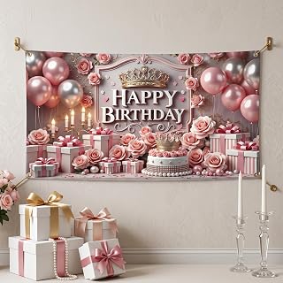 Pink and Gold Birthday Banner, Crown Theme Decor for Sweet 16 Parties | Royal princess crown theme, pink rose and balloon design, dessert table background, photo booth prop for girls