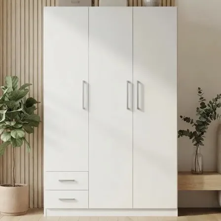 Placard 3 Puertas Abrir 2 Cajones Estantes 130 Cm Ancho 181 Cm Alto Organizador Dormitorio Guardado Ropa Melamina Blanco Correderas Met&aacute;licas Tiradores Pl&aacute;sticos Pac130 Dielfe