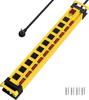Plug'n Heavy Duty Power Strip with 3300J Surge Protector,10 Outlets Individual Switches with Cord Manager,15A/1875W/14AWG/9FT Cord,Metal Power Strip for Garage,Workshop,Home,Office