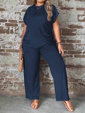 Plus Size Solid Color Batwing Sleeve Top And Straight Leg Pants  Flash Sale