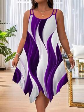 Plus Size Women Casual Striped Print Asymmetric Hem Sleeveless Dress Summer Vacation Elegant  Flash Sale