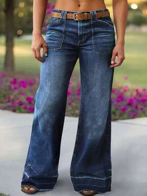 Plus Size Women Loose Fit Wide Leg Distressed Hem Jeans Casual Spring  60% OFF