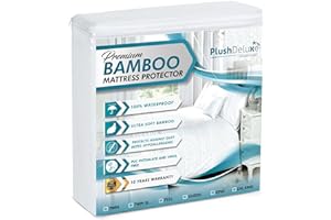 PlushDeluxe Bamboo Waterproof Mattress Protector, Queen Size, Ultra Soft | Breathable, Noiseless, Hypoallergenic, Washable, 60x80" Up to 18" Deep, Viscose Derived from Bamboo Mattress Cover, White