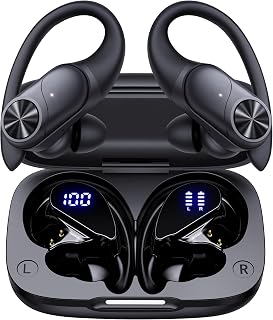 PocBuds Bluetooth Headphones Wireless Earbuds 80hrs Playtime Wireless Charging Case Digital Display Sports Ear Buds with Earhook Deep Bass IPX7 Waterproof Over-Ear Earphones for TV Phone Laptop Black