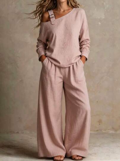 Popular Women's Casual Loose-Fitting Fashion Two-Piece Set With Linen Blend And Single Shoulder Design