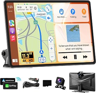 Portable Apple Carplay Screen for Car, 11.3" Extra Large Wireless Car Play & Android Auto Screen for Car, Car Stereo with 4K Dash Cam, App View, Backup Camera,GPS,Mirror Link,FM, Voice Control