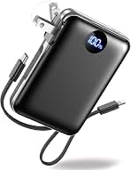 Portable Charger 10000mAh, 45% Smaller Power Bank with Built-in Cables & AC Wall Plug, 22.5W Fast Charging 4 Outputs, Slim Travel Battery Pack with LED Display for iPhone, ipad, Samsung, Black