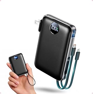 Portable Charger Power Bank 10000mAh, 45% Smaller Battery Pack with Built-in Wall Plug USB-C & iOS Cables, 22.5W Fast Charging Travel Essential with LED Display for iPhone 17 16, Samsung Black