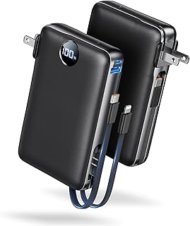 Portable Charger Power Bank 50000mAh Massive Capacity, Built-in Wall Plug USB-C & iOS Cables, 22.5W Fast Charging Battery Pack with LED Display, Travel Essential for Camping, iPhone, Samsung Black