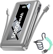Portable Charger Power Bank 50000mAh, Ultra-High Capacity Battery Pack with Built-in Cables, 22.5W Fast Charging, LED Display, Flashlight, Travel Essential for Outdoor Camping - Cool Grey
