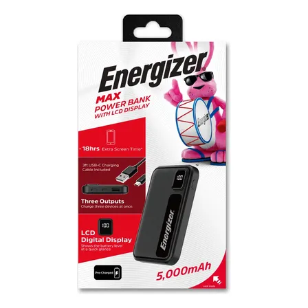 Power Bank Energizer Max Cargador Portatil Powerbank 5000mah Con Visor Lcd Color Negro