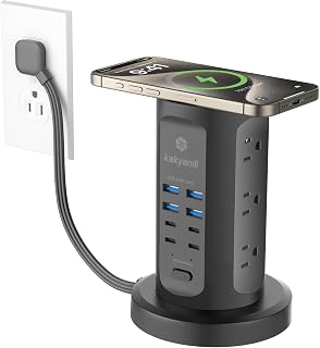 Power Strip Tower, kakyanill Surge Protector Tower 9 AC Outlets 8 USB (4 USB C), 6 Ft Retractable Extension Cord, Charging Station for Office Dorm Room, White