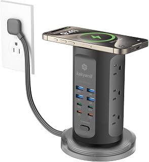 Power Strip Tower, PD 65W USB Charging Tower, kakyanill Surge Protector Tower 9 AC Outlets 8 USB (4 USB C), 6 Ft Retractable Extension Cord, Charging Station for Office Dorm Room, Black