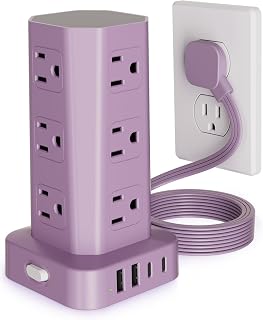 Power Strip Tower Surge Protector, 10FT Flat Plug Extension Cord with Multiple Outlets, 12 AC Outlets 4 USB (2 USB C), Desktop Charging Station with Surge Protection for Home Office Dorm Room, Purple