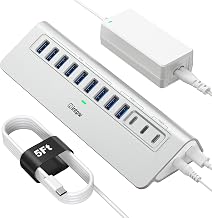 Powered USB Hub 10Gbps, intpwYH9AC 12-Port USB 3.2 Hub with USB A/USB C 3.2, 7 USB 3.0, 2 PD 45W Charging Port, 65W Power Adapter + 5FT Cable, Aluminum USB Hub for Laptop, iPhone 17/16/15/PC
