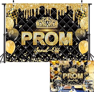 Prom Send Off Backdrop 2026, 8x6FT Black Gold Graduation Prom Night Background Gold Crown Champagne 2026 Congrats Grad Party Decoration Banner Photo Supplies