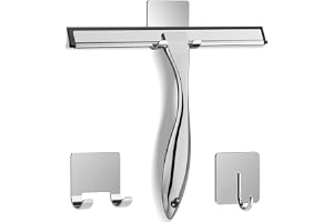All-Purpose Stainless Steel Shower Squeegee for Shower Glass Door with 2 Adhesive Hooks, Bathroom Cleaner Tool Household Window Mirror Squeegee , Cleaning Tile Wall, Car, 10 Inch Silver