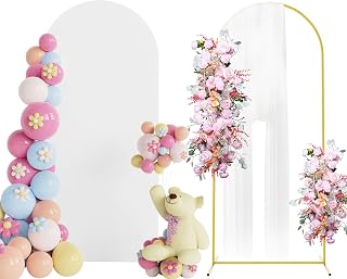Putros Arch Backdrop Stand and Cover Set, 6ft, Gold Arch Stand with White Cover, Metal Arched Background Frame for Wedding, Birthday Party, Baby Shower, Photography Decoration