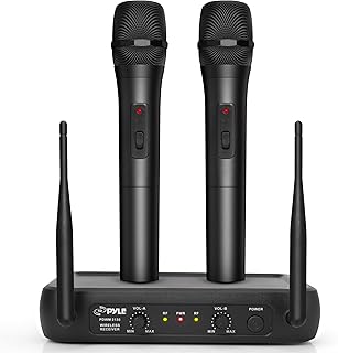 Pyle Channel Microphone System-VHF Fixed Dual Frequency Wireless Set with 2 Handheld Dynamic Transmitter Mics, Receiver Base-for PA, Karaoke, Dj Party (PDWM2135) , Black