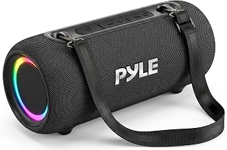 Pyle Portable Bluetooth Speaker - RGB LED, IPX5 Waterproof, TWS Stereo Pairing, USB/AUX/FM, Built-in Mic, USB-C Charging, 7H Battery, Shoulder Strap - Party, Outdoor, Travel, Home - PBTPSP25BK